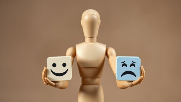 Wooden mannequin with emoticons showing emotional control, signals maturity.