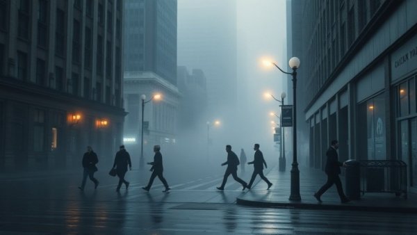 Foggy downtown Denver street scene with pedestrians walking on wet sidewalk.