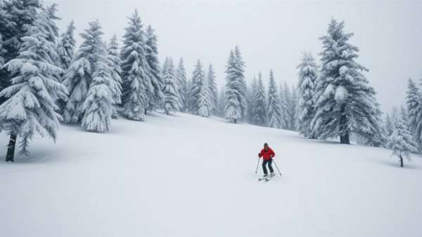 Skier on snowy slope amid stormy Colorado ski season forecast.