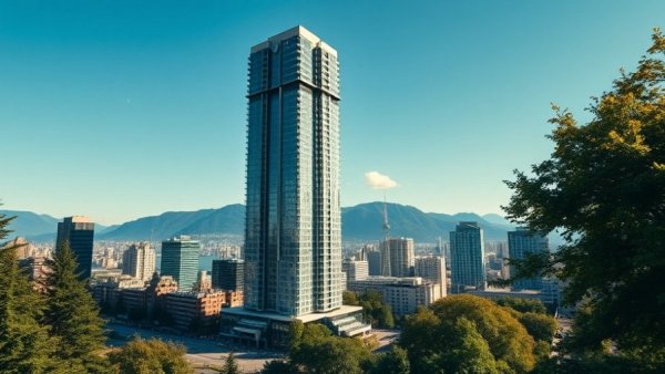 Tall skyscraper in Vancouver rental housing project with mountain backdrop.