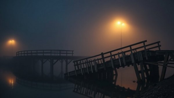 Westham Island Bridge closure scene with misty ambiance and broken structure.