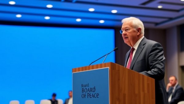 Trump addressing the Board of Peace, formal event setup, blue background.