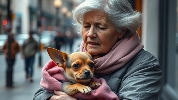 Older woman with small dog in pink blanket on urban street, Vancouver local news.