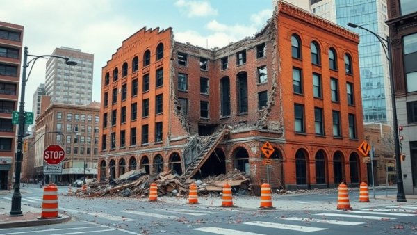 Demolition of historic building in Denver, debris scattered on the street.