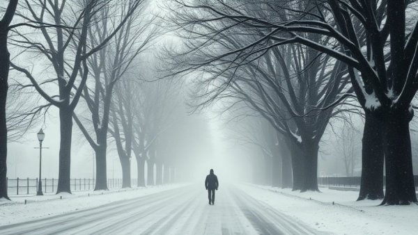 Lonely figure walking on snowy street in Vancouver for health and wellness.