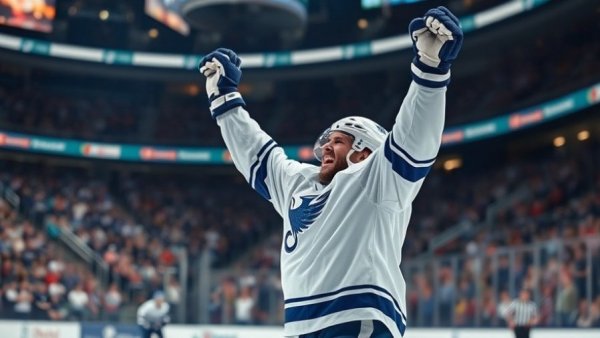 NHL player celebrating goal on ice rink amid trade rumors.