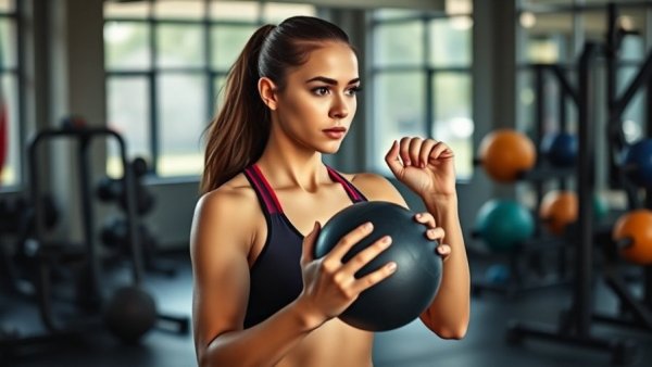 Young woman exercising with a medicine ball, highlighting milk protein benefits for muscle growth.