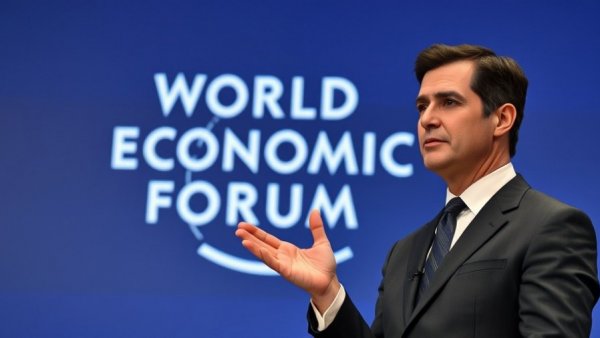 A man gesturing at the World Economic Forum backdrop, AI Midterms and ChatGPT ads.