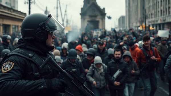 Minneapolis protest scene with authorities and crowd, overcast day.