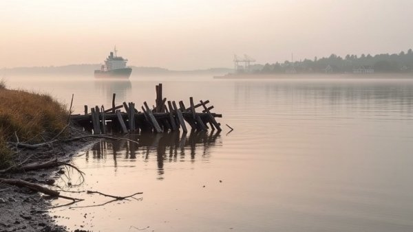 Foggy riverbank scene in Vancouver with decaying wood structure.