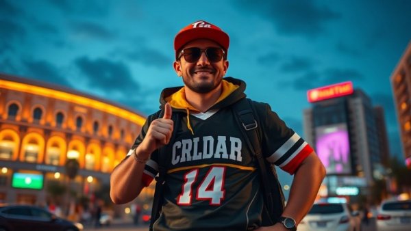 Captain Seahawk superfan poses energetically in front of a vibrant stadium.