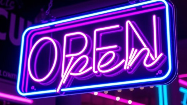 Vibrant neon open sign glowing in blue and pink hues.