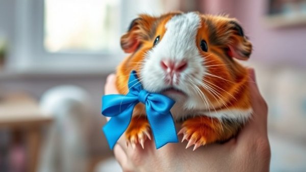 Guinea pig in Vancouver with a cute blue bow being held.