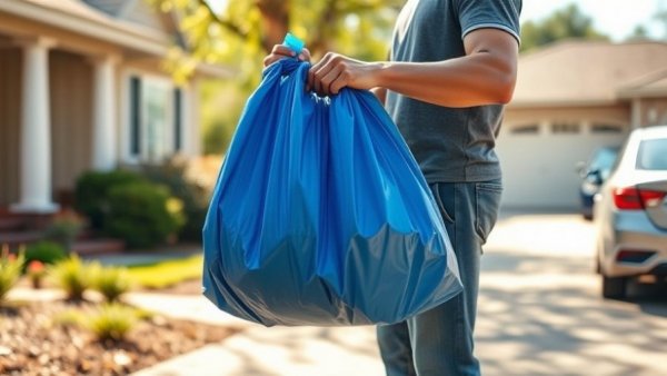 Young man recycling with a blue bag outdoors in a suburban area.
