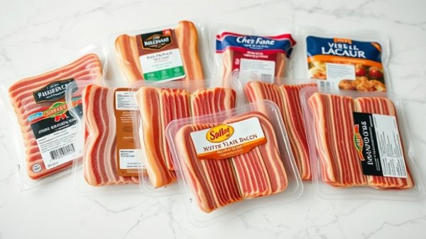 Vancouver Bacon Taste Test assortment of bacon packages, colorful and varied brands on marble surface.