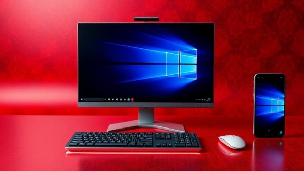 Modern computer setup displaying Windows 11 on red checkered background.