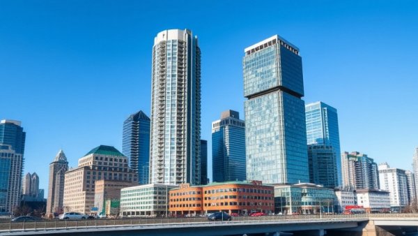 Vancouver cityscape with buildings and stadium on a sunny day.