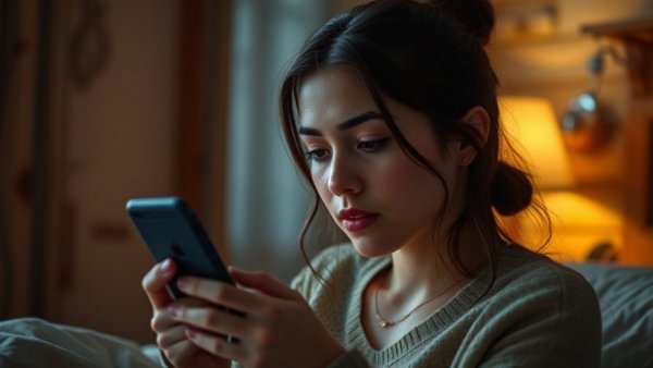 Young woman using phone in cozy bedroom addressing sleep-tracking device limitations.