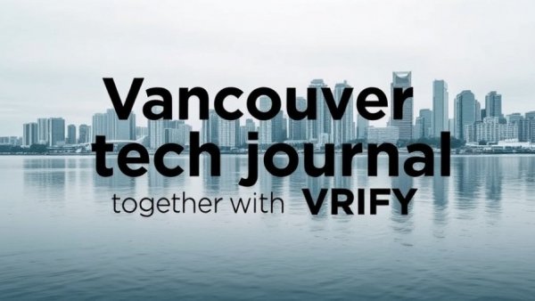 Monochromatic Vancouver skyline with tech journal overlay.