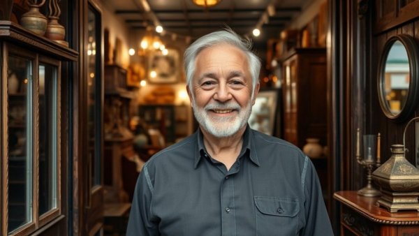 Smiling older man in a vintage shop doorway, side gigs for retirees in 2026.