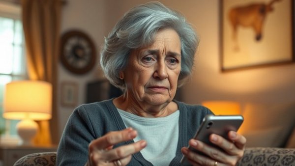Elderly woman showing phone scam warning signs with worried look.
