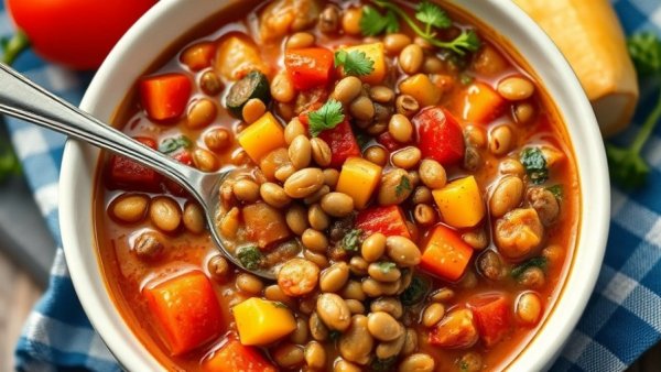 How to cook and use lentils: Hearty vegetable and lentil stew in a white bowl with a spoon.