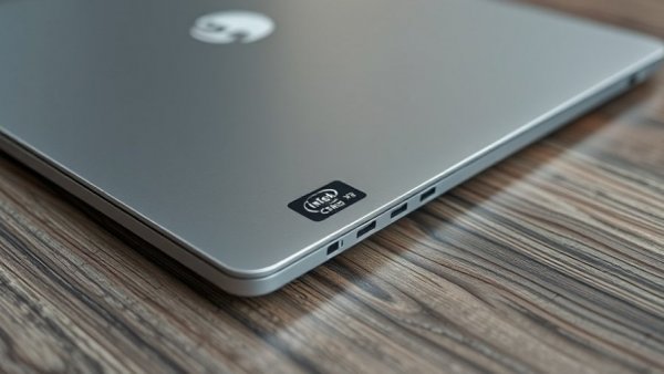 Close-up of Intel Core sticker on laptop corner, wooden table.