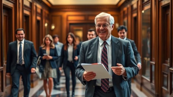 Group discussing CUSMA trade negotiations in a hallway.