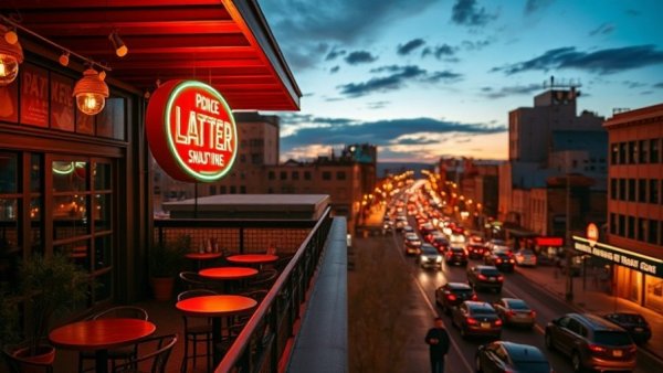 Vibrant rooftop with bustling patio in Denver's heated patios evening scene.