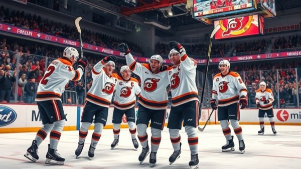 Hockey players celebrating victory on ice, vancouver sports.