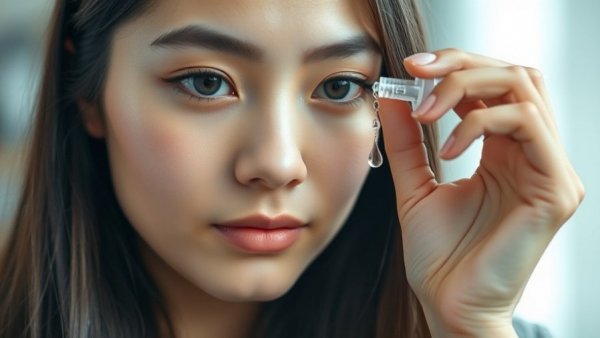 Focused young woman applying eyedrops, looking upwards.