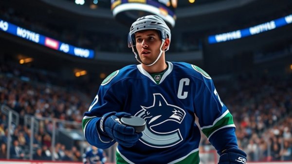 Vancouver Canucks player holding puck on ice rink.