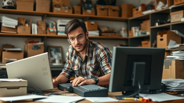 Vintage tech enthusiast working on an old desktop in a cluttered space.