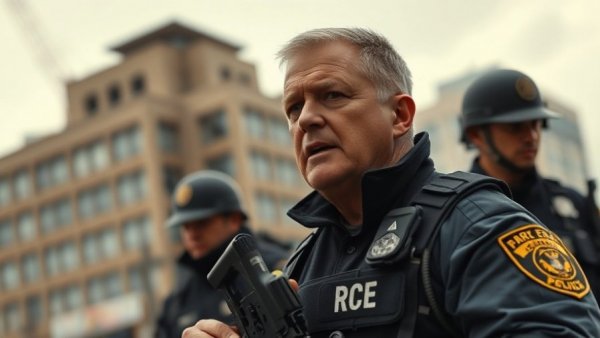 Law enforcement officer in tactical gear discussing immigration strategy shift in Minnesota.