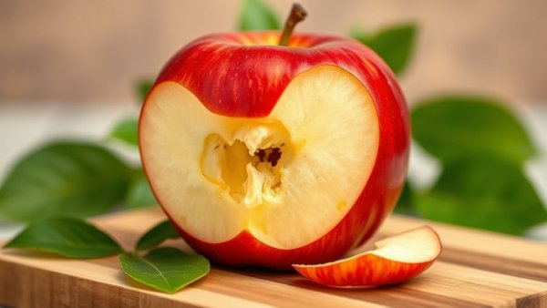 Red apple with peel on cutting board, showcasing fiber and antioxidants.