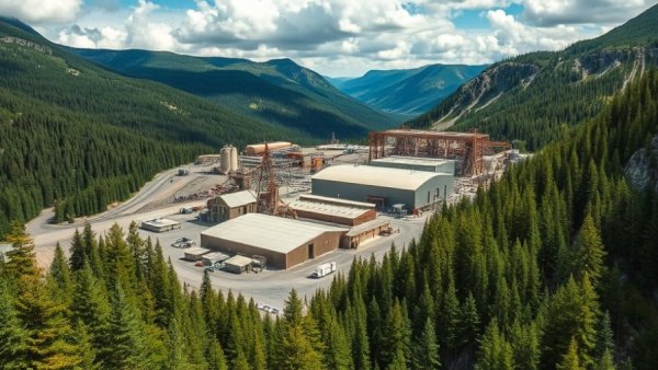 Aerial view of Eskay Creek mine in forested mountains.