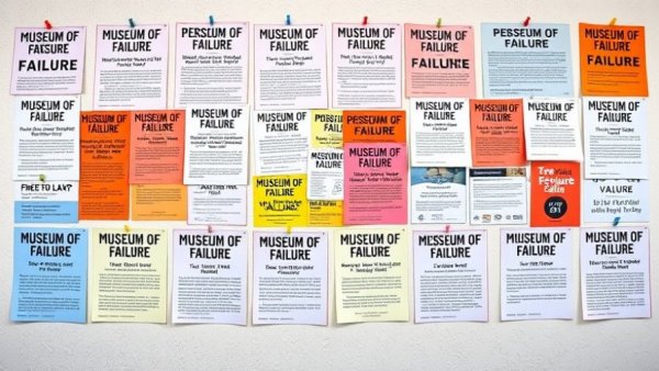 Colorful flyers promoting Museum of Personal Failure in Vancouver on a wall.