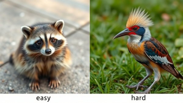 Raccoon and secretary bird labeled as easy and hard, vancouver animal health.