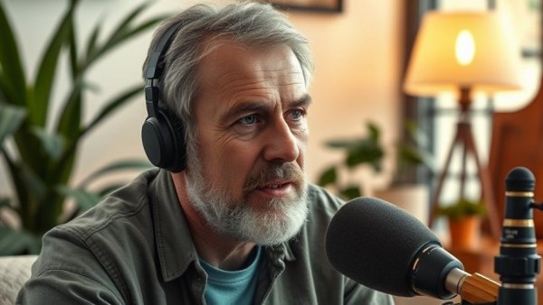 Middle-aged man discussing biological age transformation in a cozy studio.