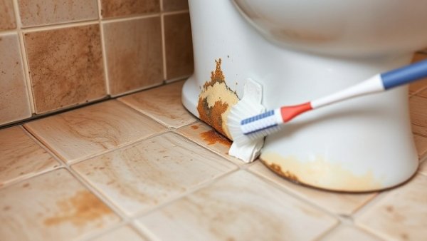 Cleaning mold around toilet base with a toothbrush on tiled floor.