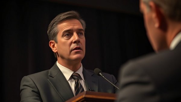 Distinguished male speaking at a podium, Trump de-escalate Minnesota, low-key lighting.