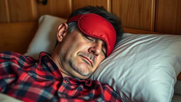 Man sleeping with red mask on two pillows, cozy room.