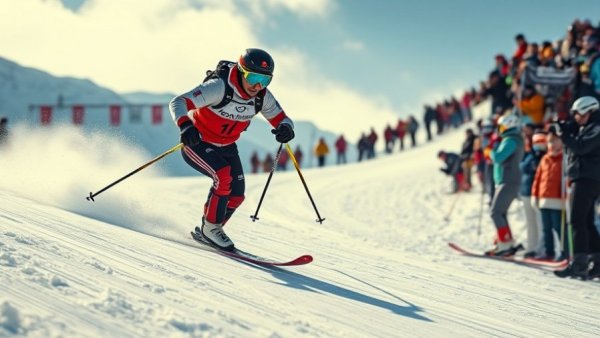 Competitor in ski mountaineering event, snowy race scene