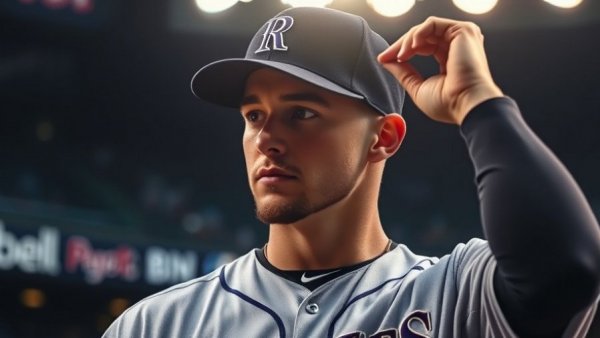 Focused baseball player in Rockies uniform during Denver local news event.