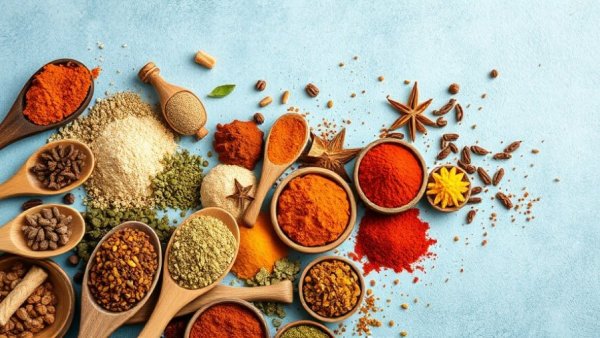 Colorful spices displaying heart-healthy polyphenols in wooden spoons.