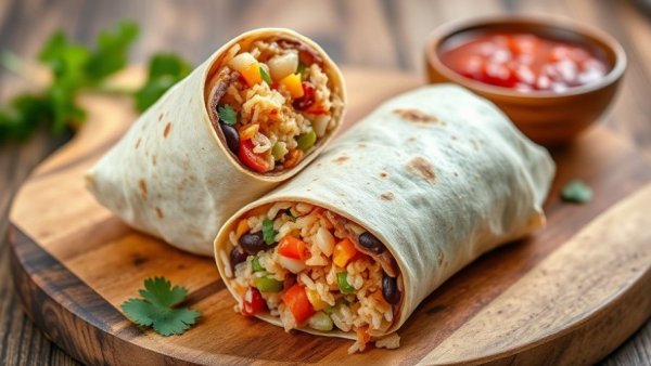 High-protein dinner ideas: vibrant burrito with rice and beans.