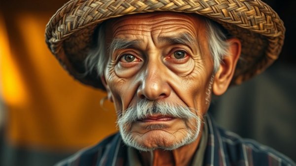Elderly man with traditional hat, serious, photorealistic portrait, detailed.