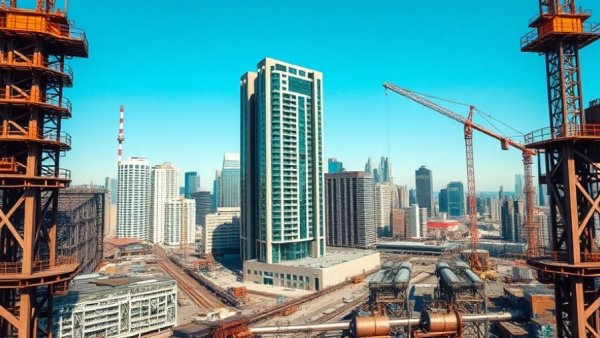 Vancouver residential tower on industrial land under blue sky.
