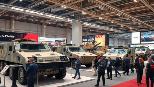 Armored vehicles displayed at a trade show with individuals.