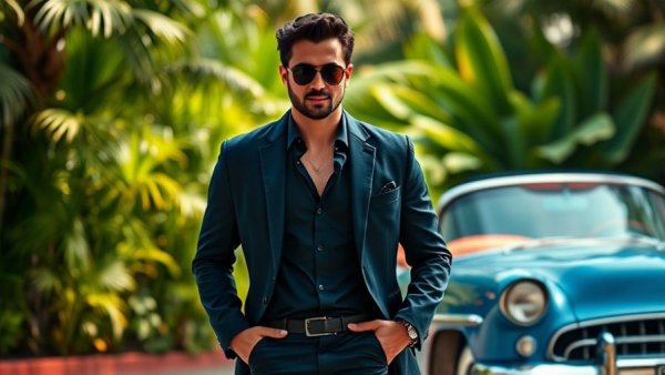 Stylish man by classic car in lush setting, entertainment in Denver.